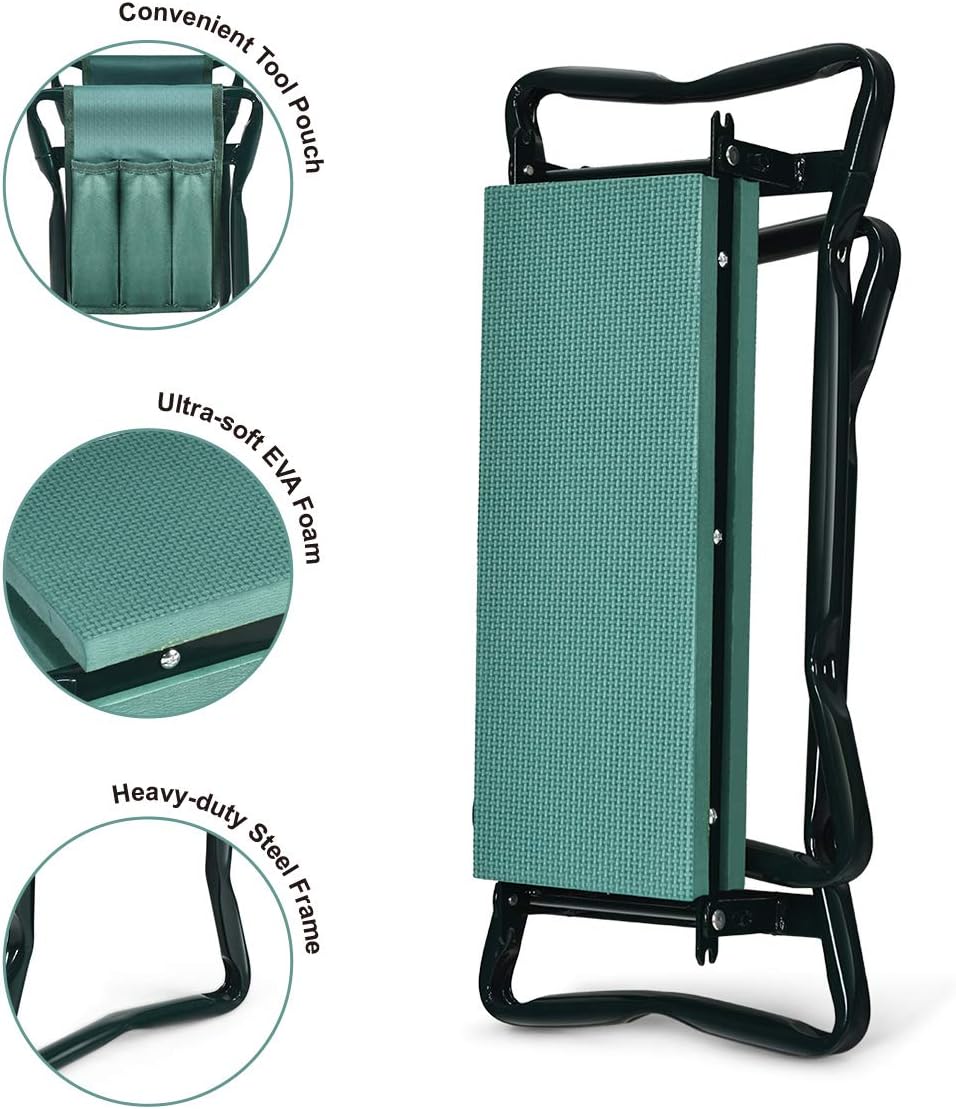 2-in-1 Garden Kneeler & Seat, Folding Seat w/EVA Foam Kneeling Pad & Removable Tools Pouch, Sturdy Steel Frame, No Assembly, Portable Heavy Duty Garden Stool for Women & Men